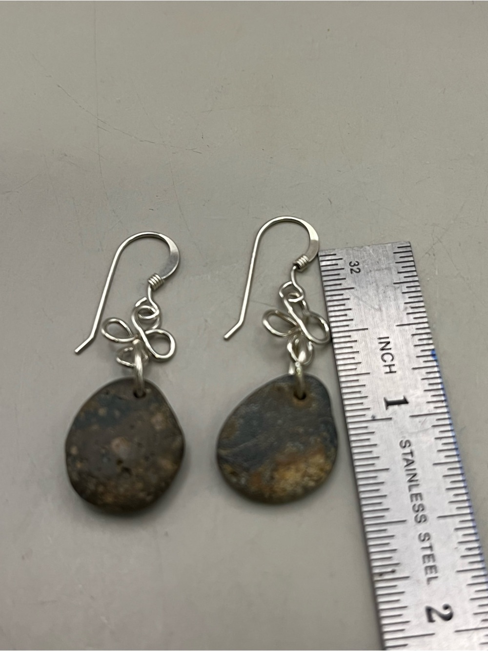 Handmade Sterling Silver Celtic Knot Natural Beach Stone Dangle Earrings - Picture 2 of 4
